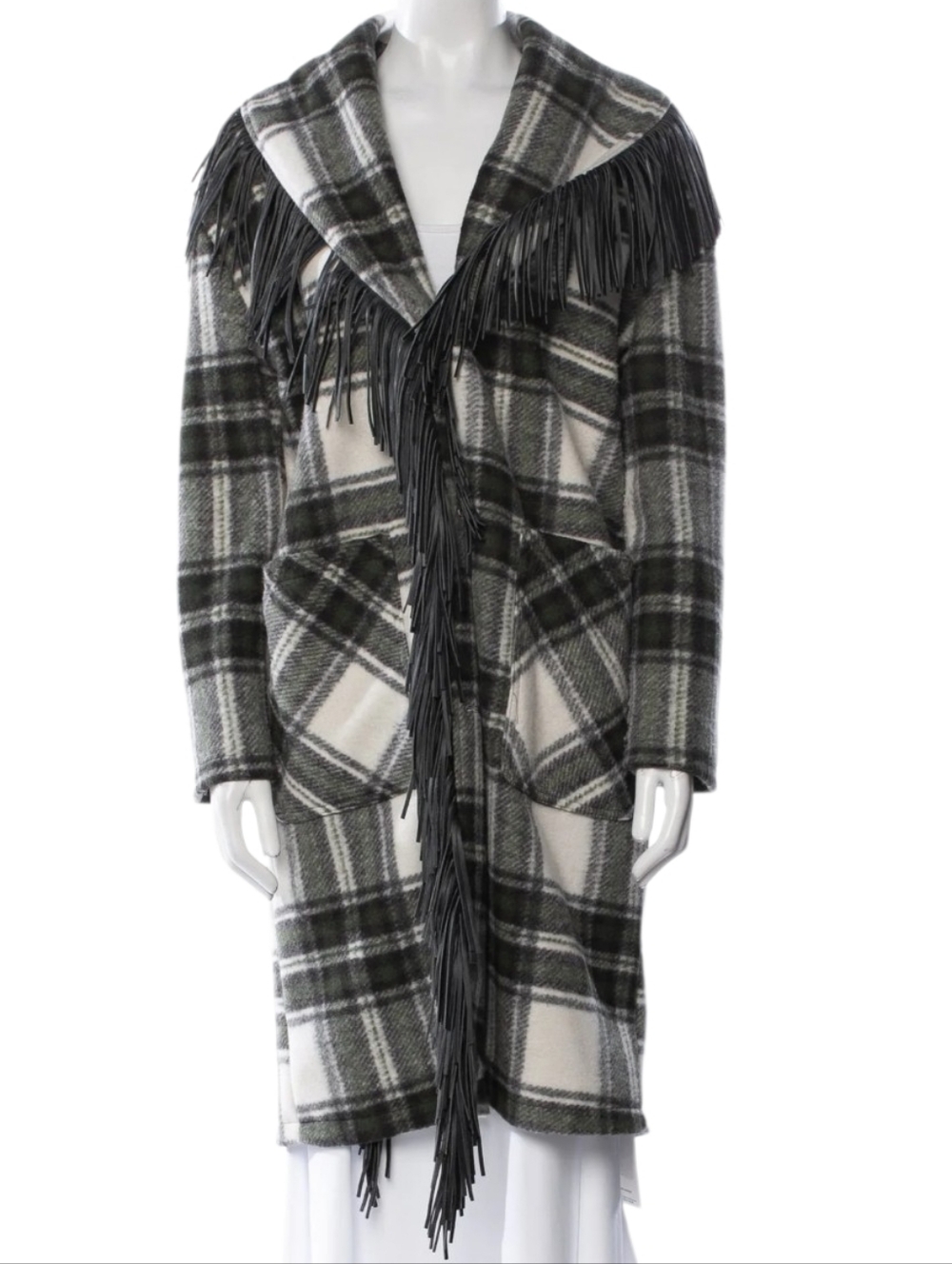 Blank NYC Olive & Cream Fleece Plaid Fringe Coat Size M